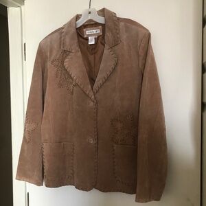 Coldwater Creek Suede Leather Blazer Jacket 2x Western Whipstitch Flowers Tan